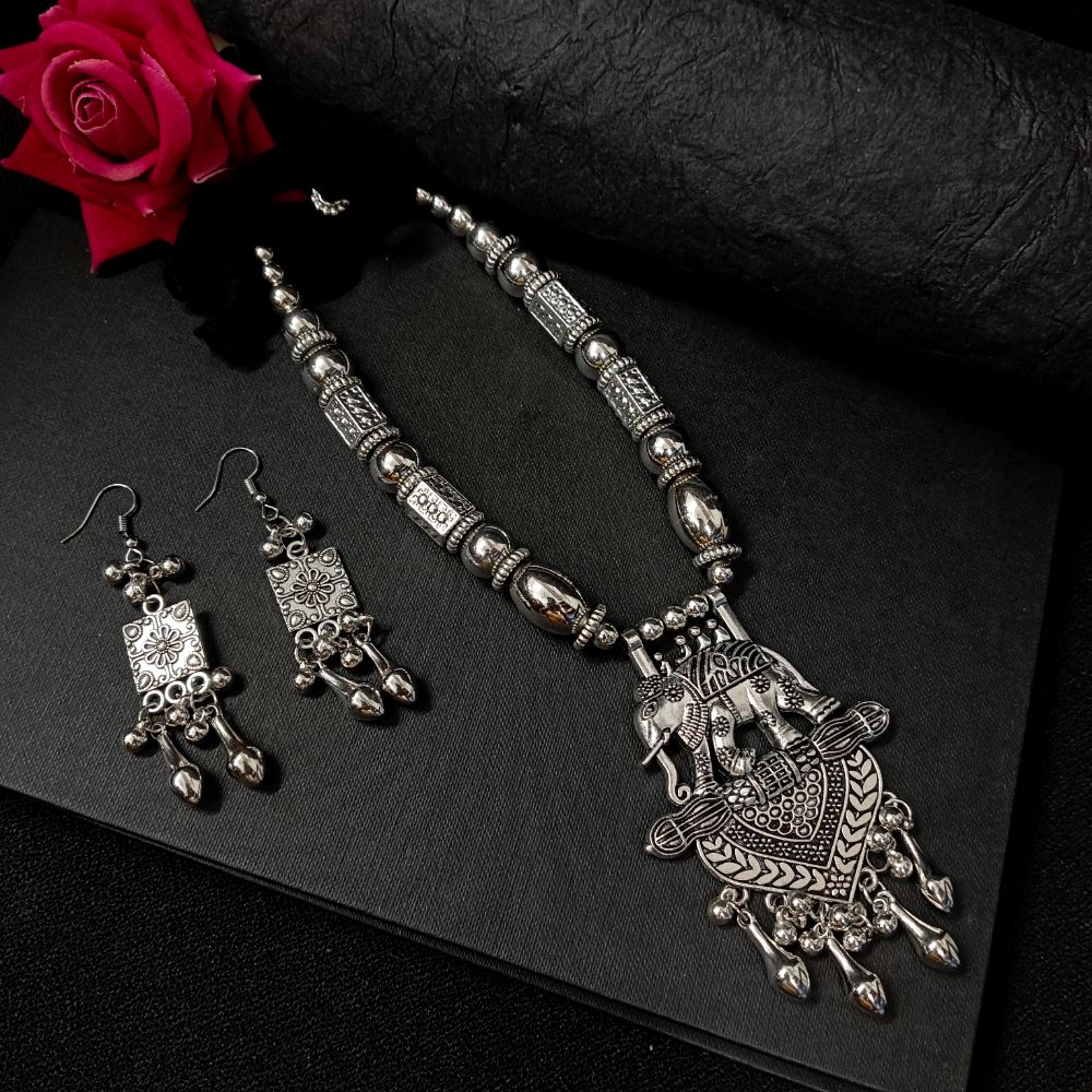 Bhavi Jewels Oxidised Plated Designer Elephant Necklace Set