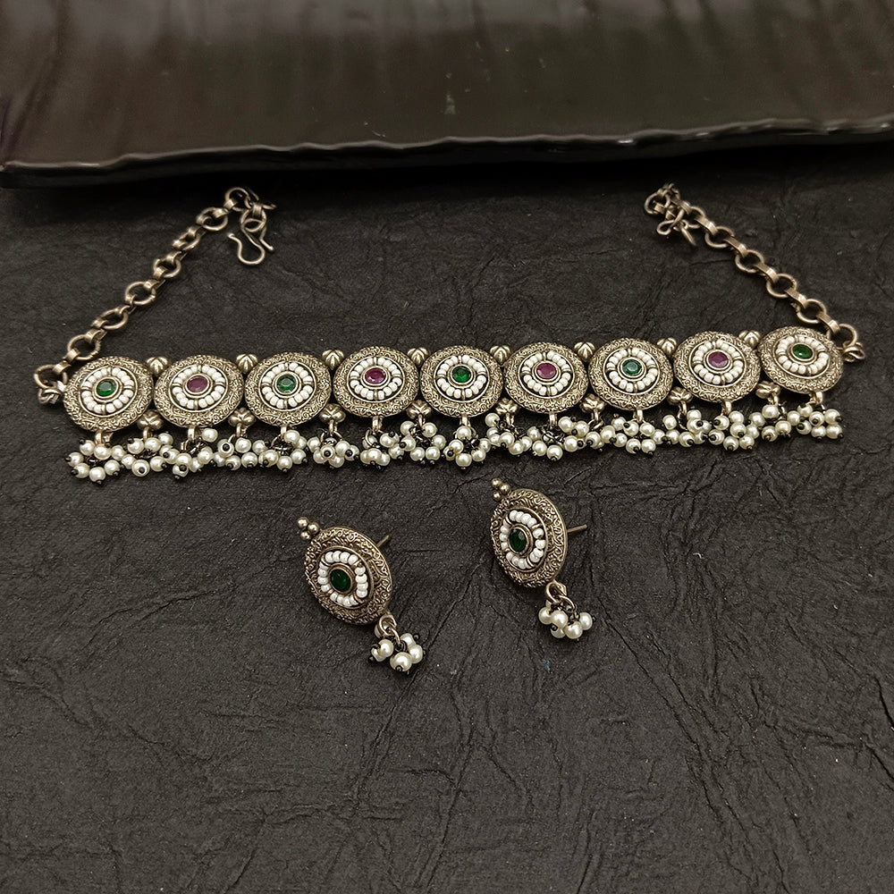 Bhavi Jewel Oxidised Plated Pearl Choker Necklace Set