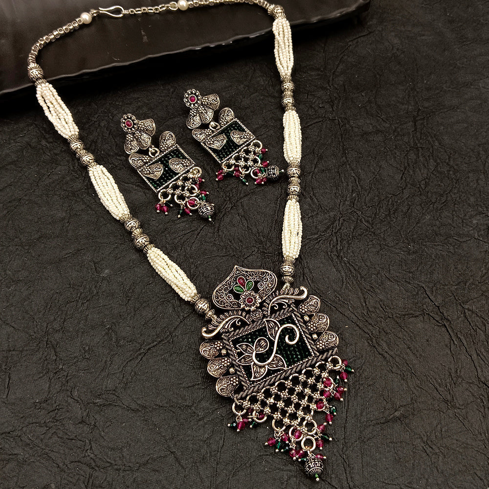 Bhavi Jewel Oxidised Plated Kundan And Pearl Long Necklace Set