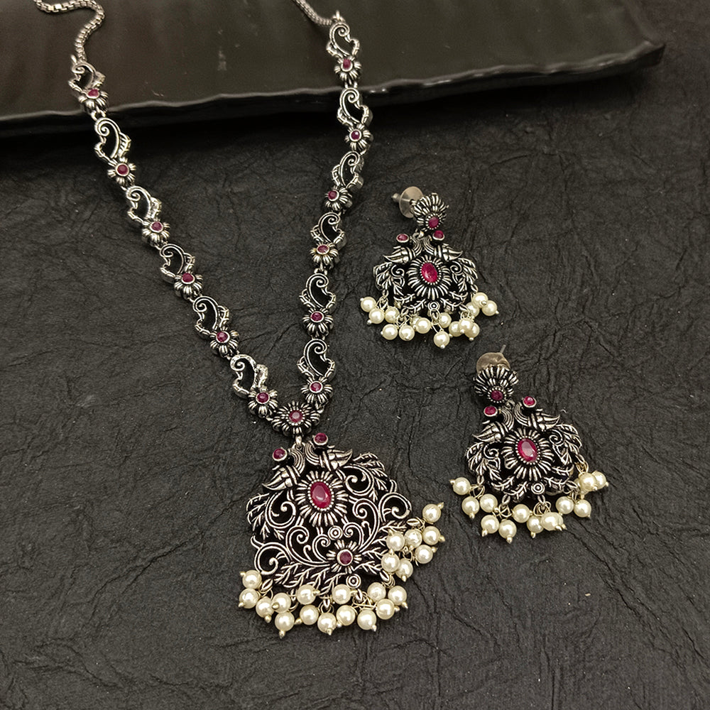 Bhavi Jewel Oxidised Plated  Kundan Stone And Pearl Necklace Set