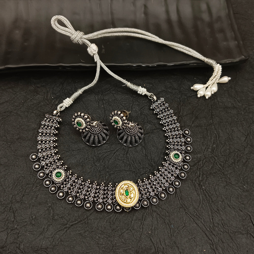 Bhavi Jewel Oxidised Plated Kundan And Pearl  Necklace Set
