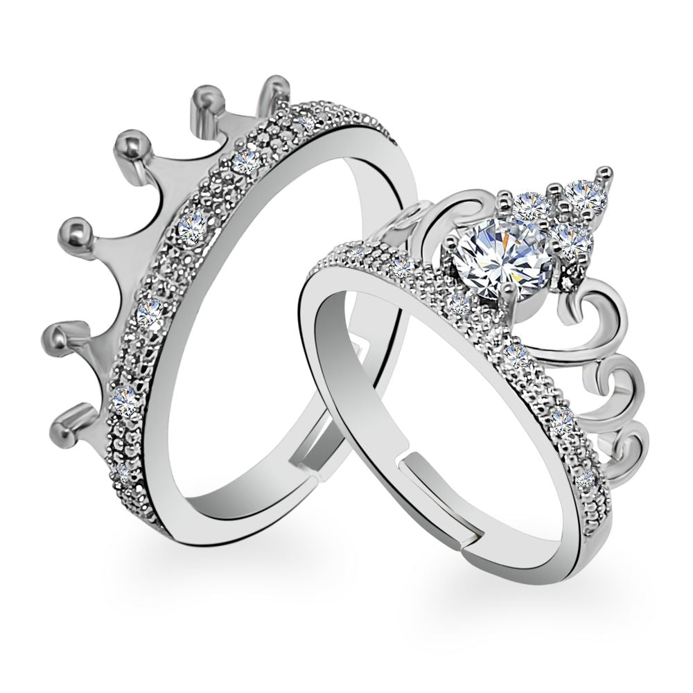 Urbana Rhodium Plated Solitaire Couple Ring Set With Crystal Stone