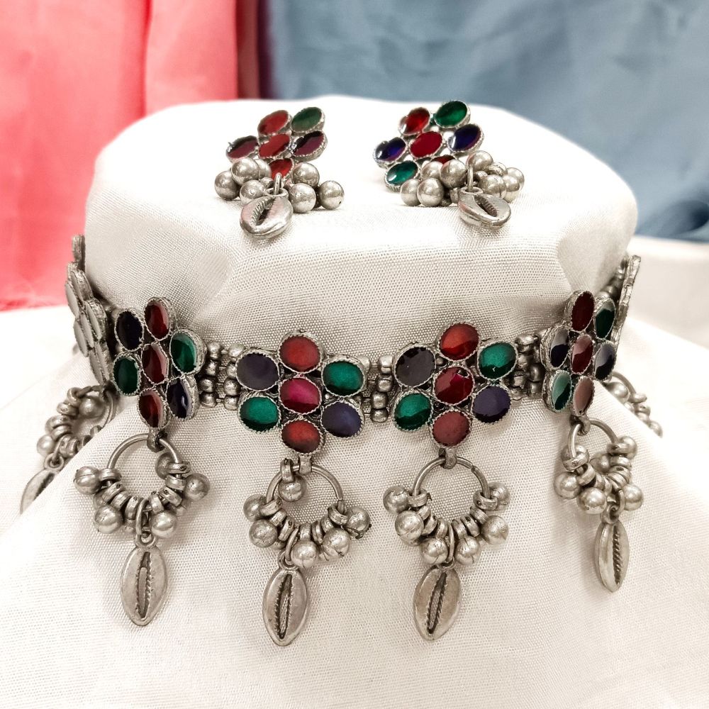 Blythediva Oxidised Plated Multi Stone Choker Necklace Set