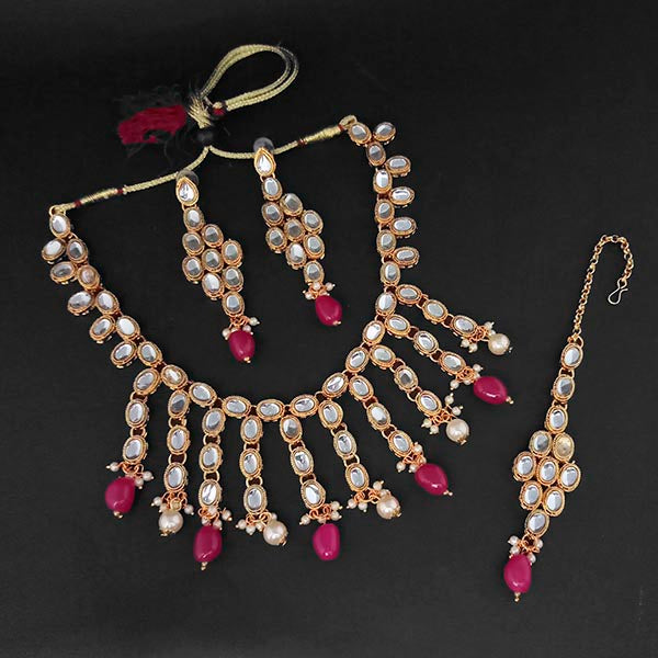 Kriaa Kundan And Maroon Beads Gold Plated Necklace Set With Maang Tikka