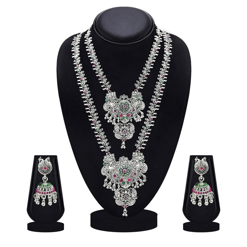 Shreeji Creation Oxidised Plated Green & Pink Double Necklace Set - 1116008