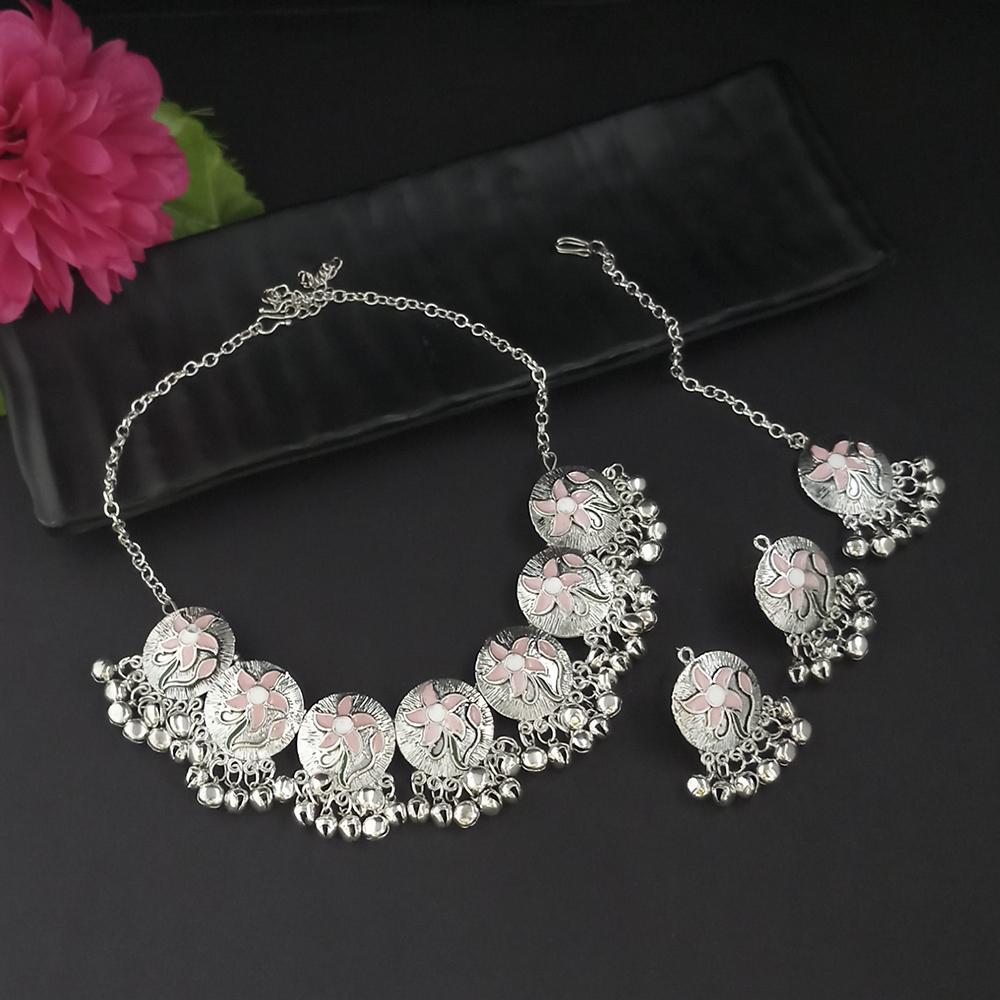 Elegant Set Of Silver Pink Color Diamond Necklace, Earrings With Mangtika