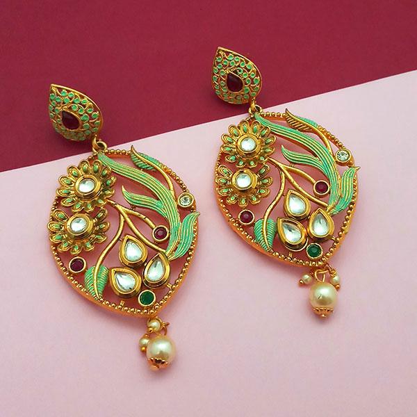 Nikita Arts Gold Plated Stone And Green Meenakari Copper Matte Dangler Earrings