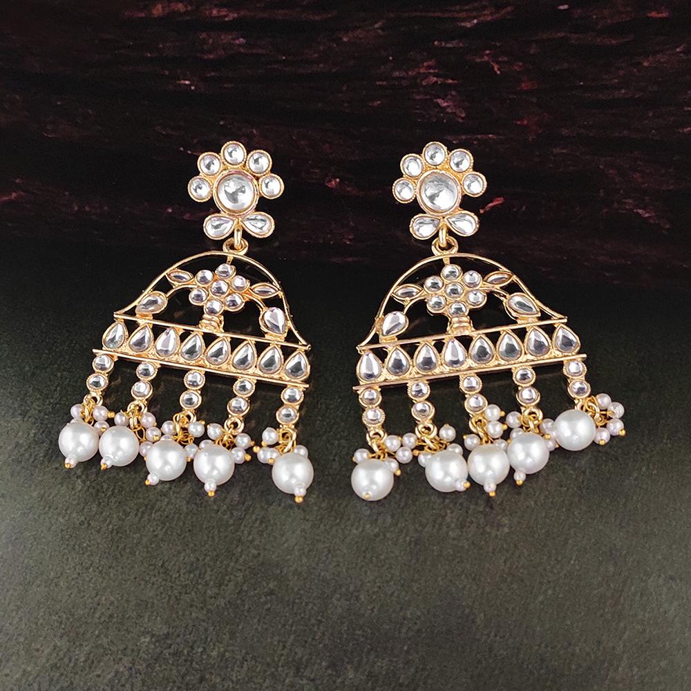 Shreeji Creation Gold Plated White Beads and Kundan Dangler Earrings - 1316373A