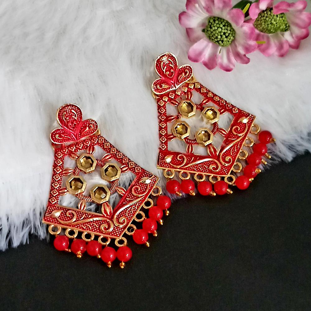 Woma Red Matte Meenakari Dangler Beads Drop Earrings -1318006F
