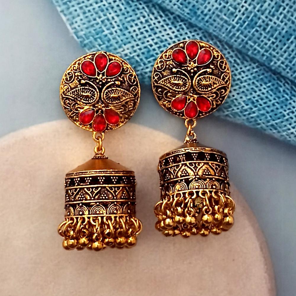 Kriaa Red Austrian Stone Gold Plated Jhumka Earrings - 1318342H