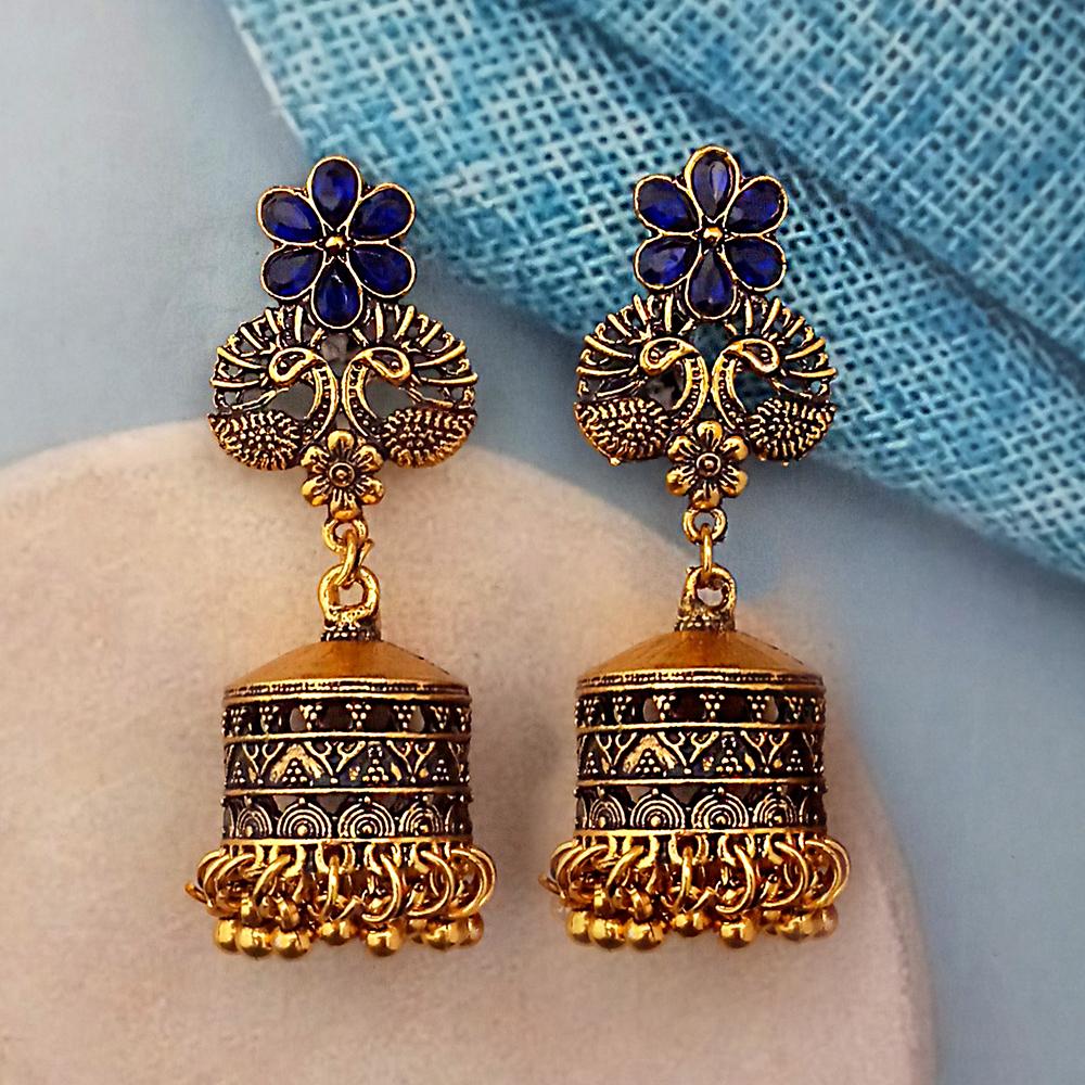 Woma Blue Austrian Stone Gold Plated Jhumka Earrings - 1318345G