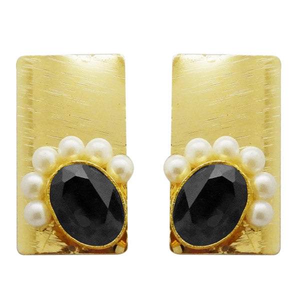Kriaa Gold Plated Black Resin Stone Pearl Dangler Earrings