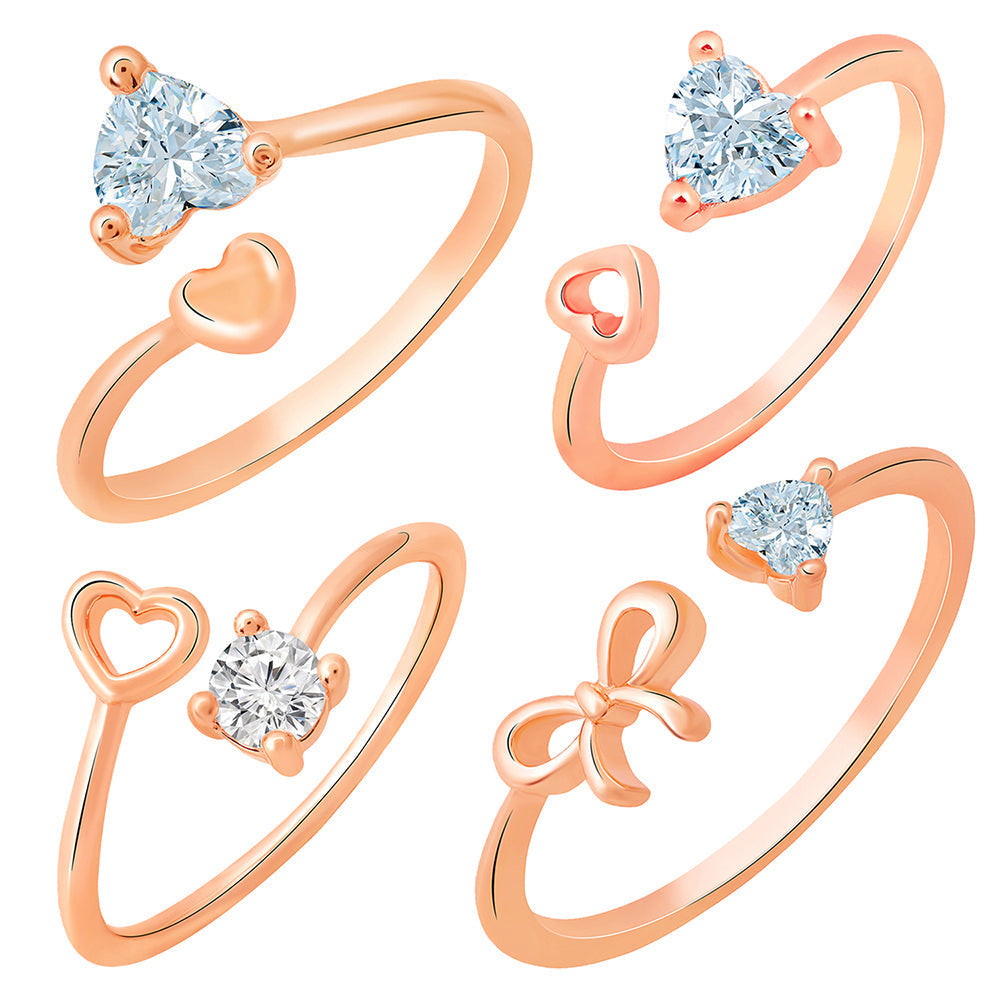 Mahi Rose Gold Plated Combo of 4 Heart Shaped Adjustable Finger Rings with Cubic Zirconia for Women (CO1105442Z)