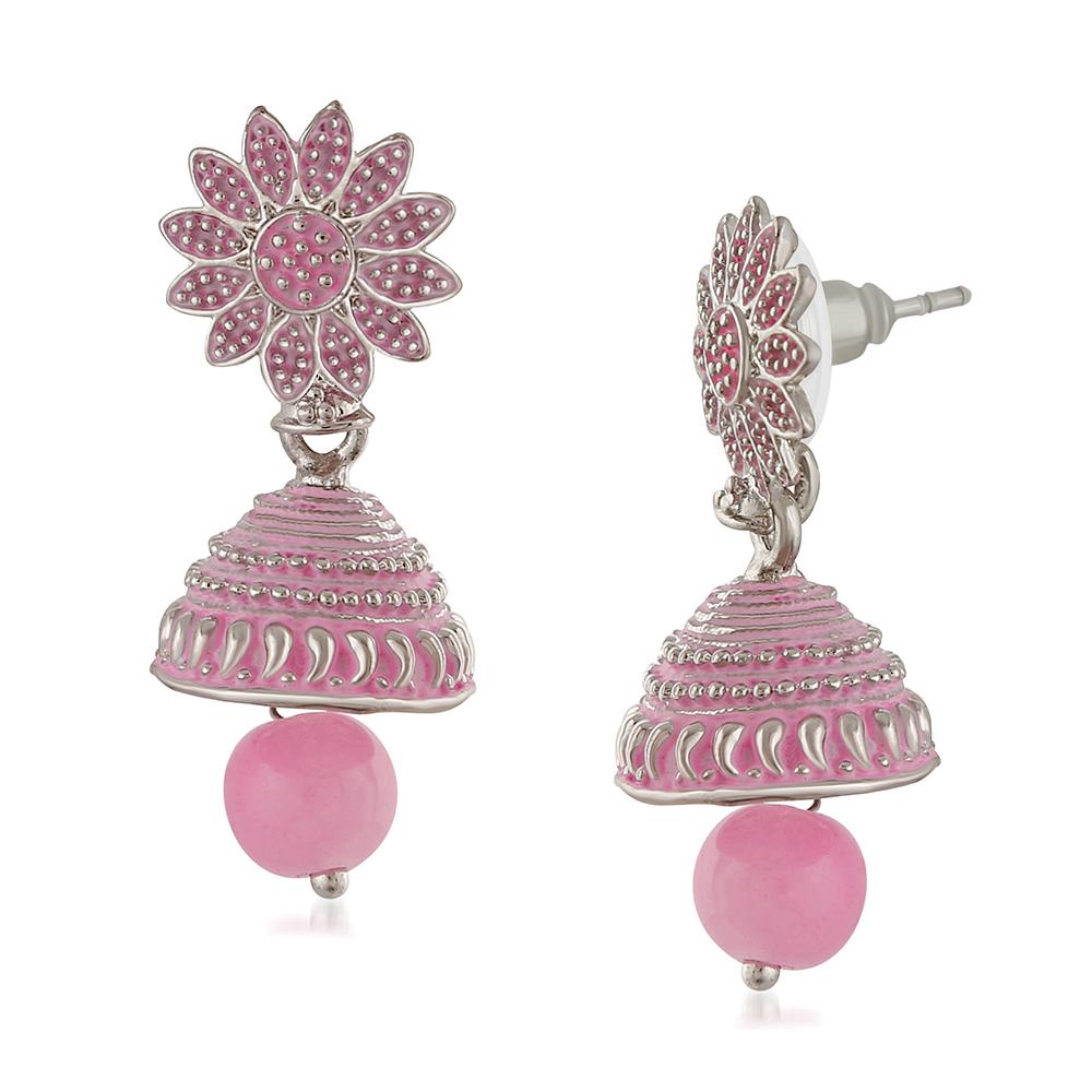 Mahi Meenakari Work Light Pink Artificial Bead Floral Jhumka Drop Earrings for Women (ER1109687R)