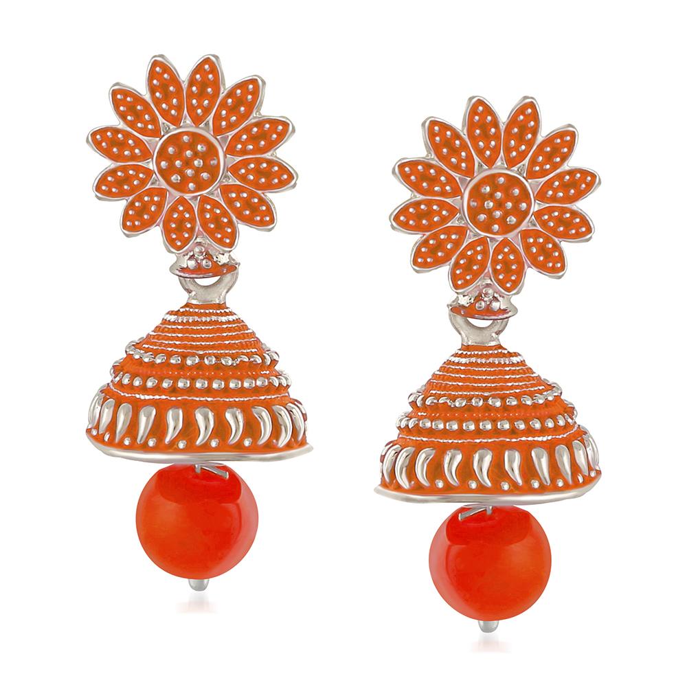 Mahi Meenakari Work Orange Artificial Bead Floral Jhumka Drop Earrings for Women (ER1109688R)