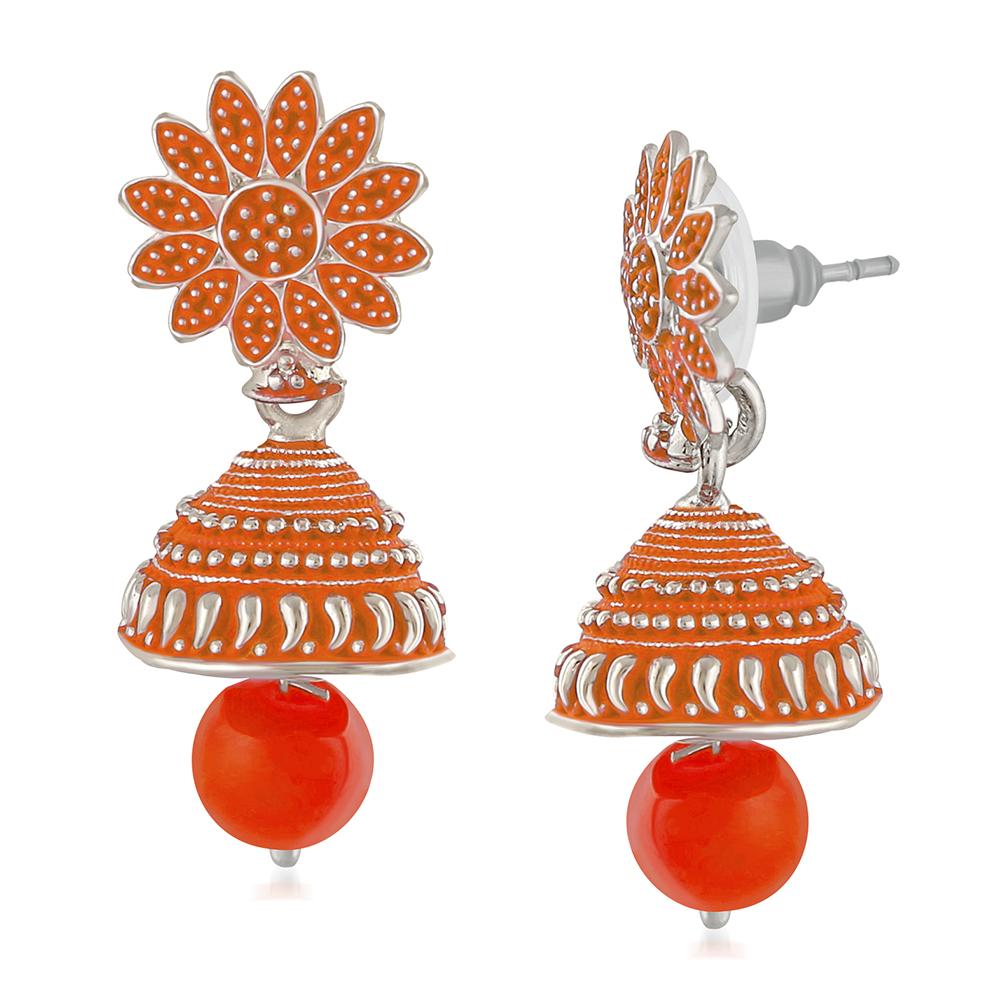 Mahi Meenakari Work Orange Artificial Bead Floral Jhumka Drop Earrings for Women (ER1109688R)
