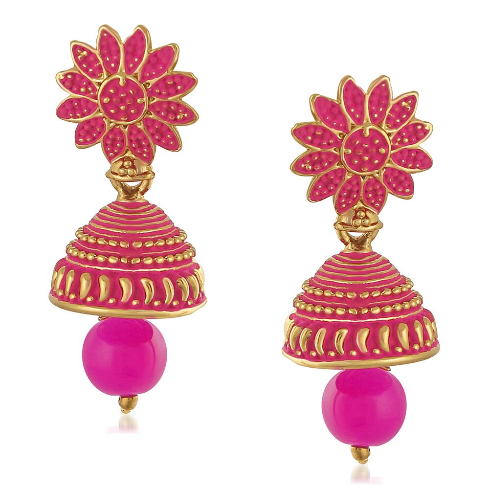 Mahi Meenakari Work Pink Artificial Bead Floral Jhumka Drop Earrings for Women (ER1109692G)