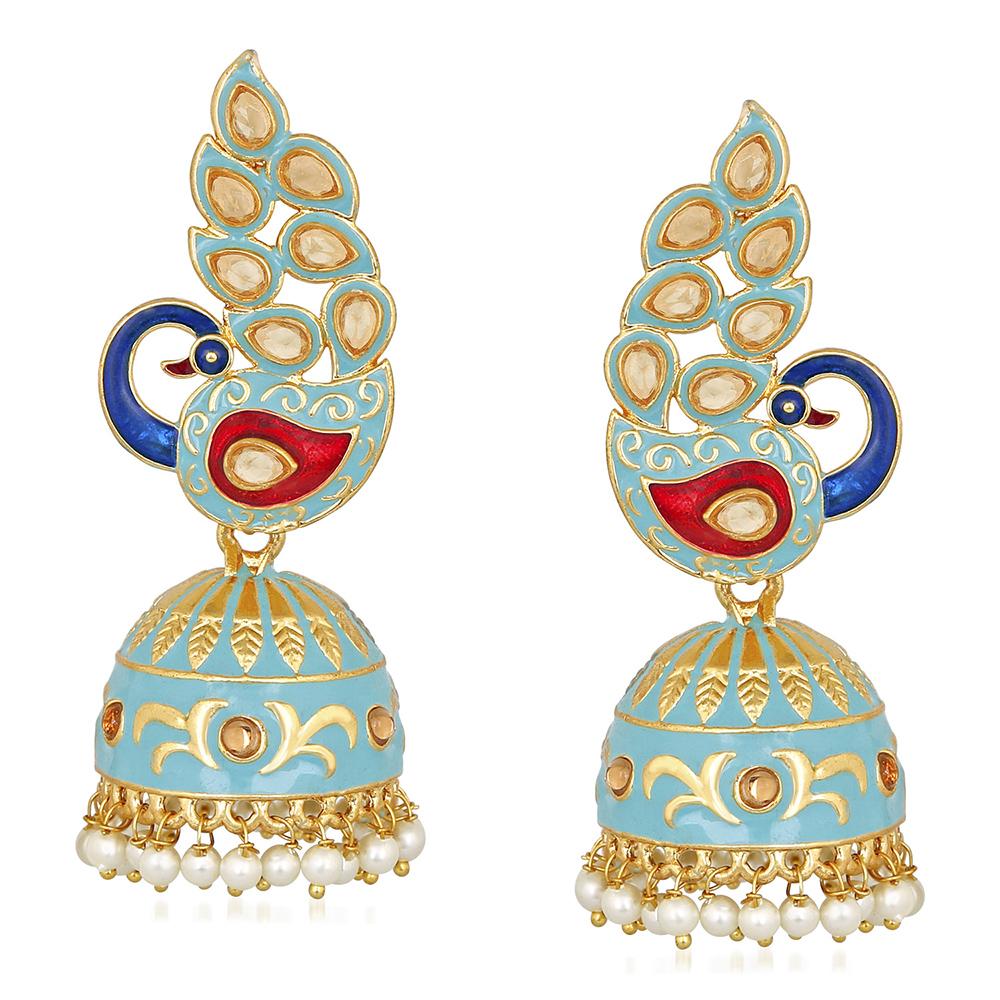 Mahi Traditional Ethnic Blue Meena Peacock Dangle Jumka Earrings with Pearl For Women (ER1109747GBlu)