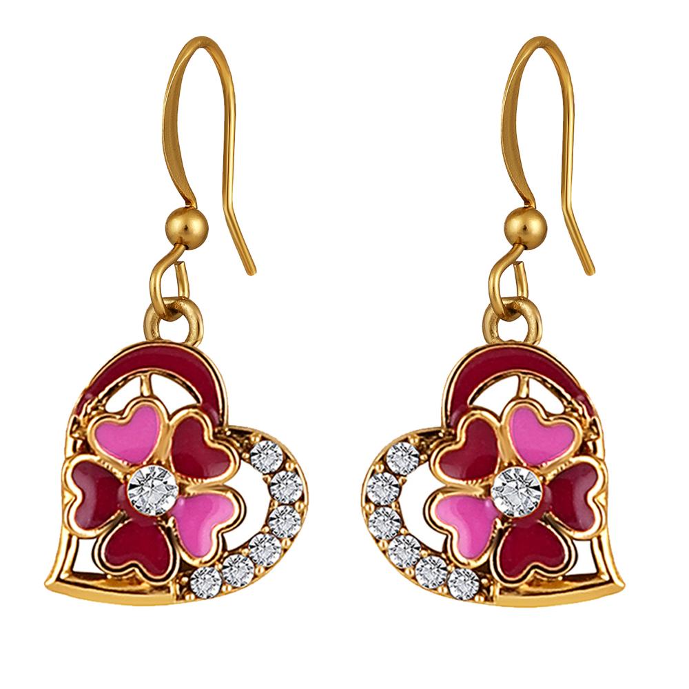 Mahi Pink and Maroon Meenakari Work and Crystals Floral Heart Earrings