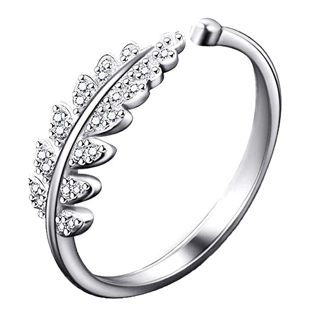 Mahi Rhodium Plated Cute Leafy Adjustable Finger Ring With Crystal