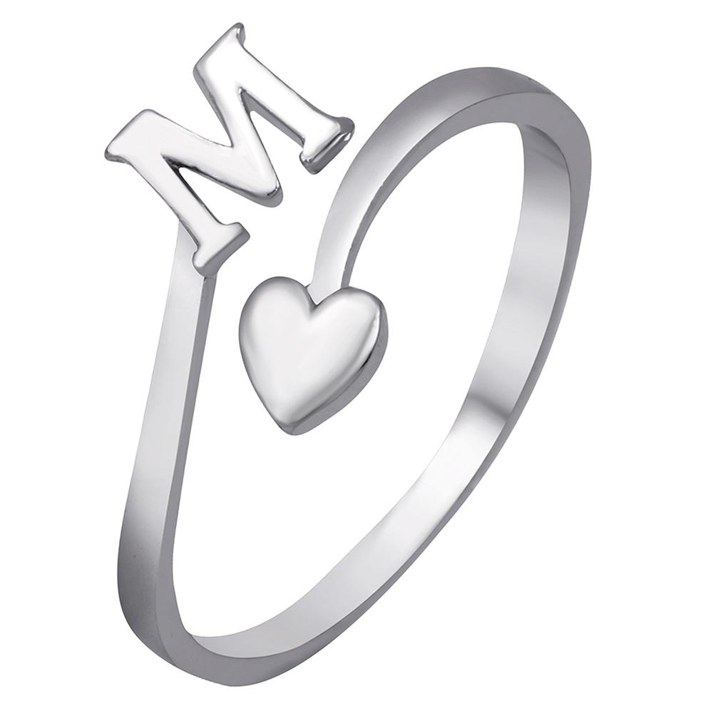Mahi Rhodium Plated 'M' Initial and Heart Adjustable Finger Ring for Women (FR1103120R)