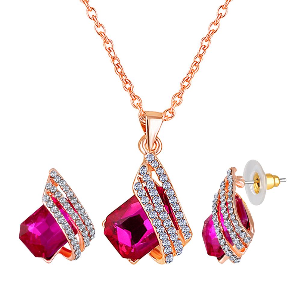 Mahi Shining Angel Wings Pink and White Crystal Pendant Necklace Earrings Set