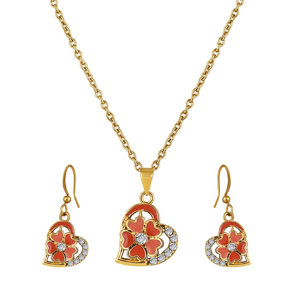 Mahi Orange Meenakari Work and Crystals Floral Heart Pendant Set