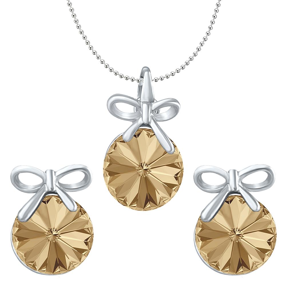 Mahi Valentine Gift with Brown Swarovski Crystals Rhodium Plated Bow Pendant Set for Women