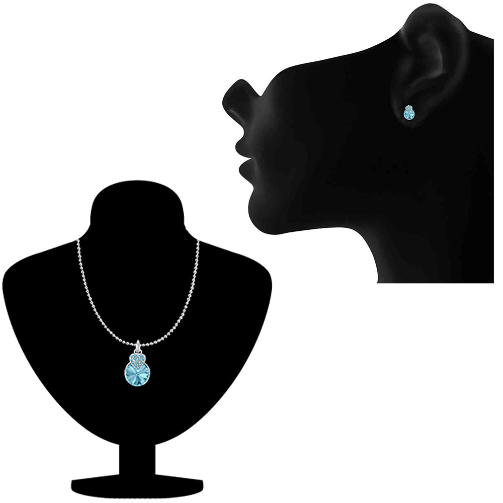 Mahi Valentine Gift with Aqua Blue Swarovski Crystals Rhodium Plated Heart Pendant Set for Women