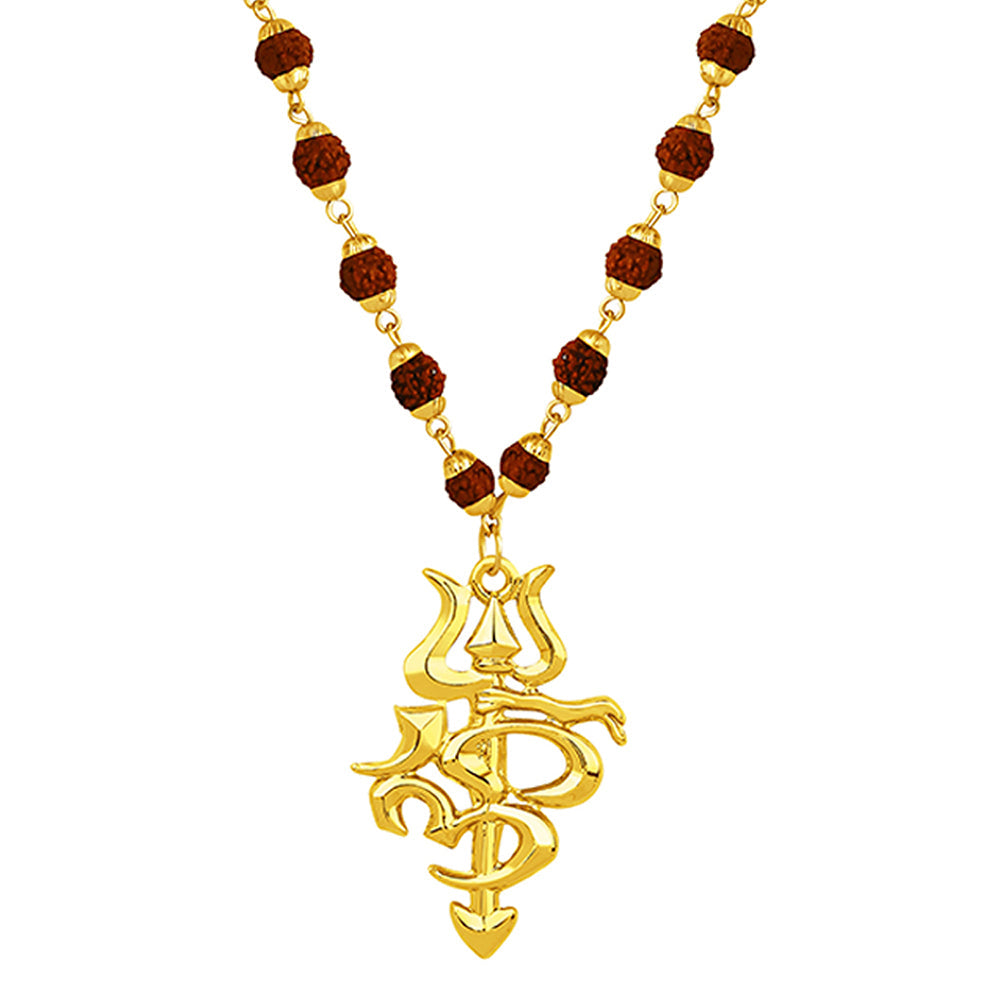 Mahi Gold Plated Religious OM and Trishul Pendant with Rudrakshaa Mala for Men (PS1101780G)