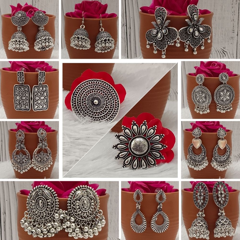 Bhavi Jewels Oxidized Plated  10 Earrings + 2 Rings Combo
