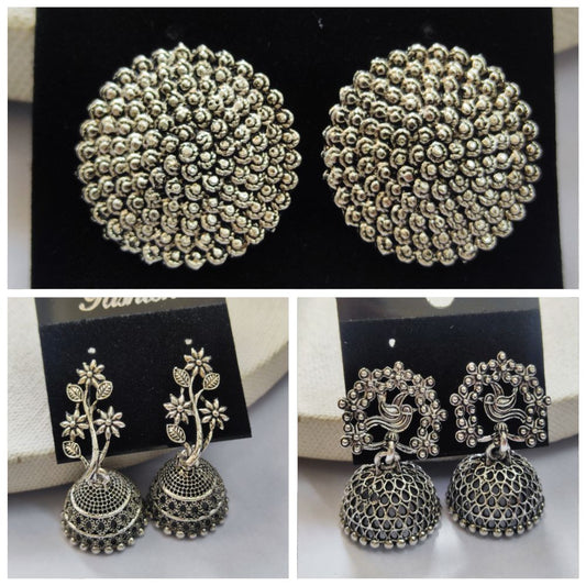 JewelMaze Pack Of 3 Oxidised Plated Earrings Combo