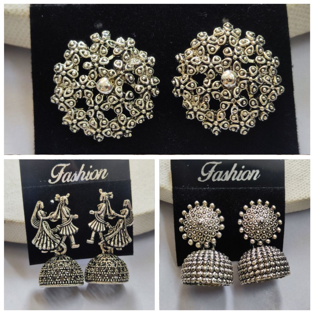 JewelMaze Pack Of 3 Oxidised Plated Earrings Combo