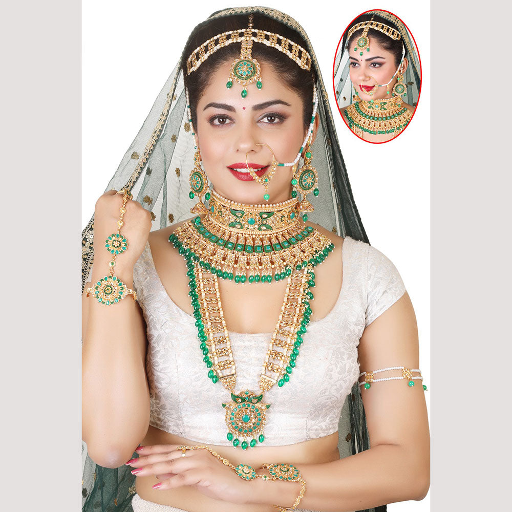 JewelMaze Gold Plated Crystal Stone And Beads Bridal Set