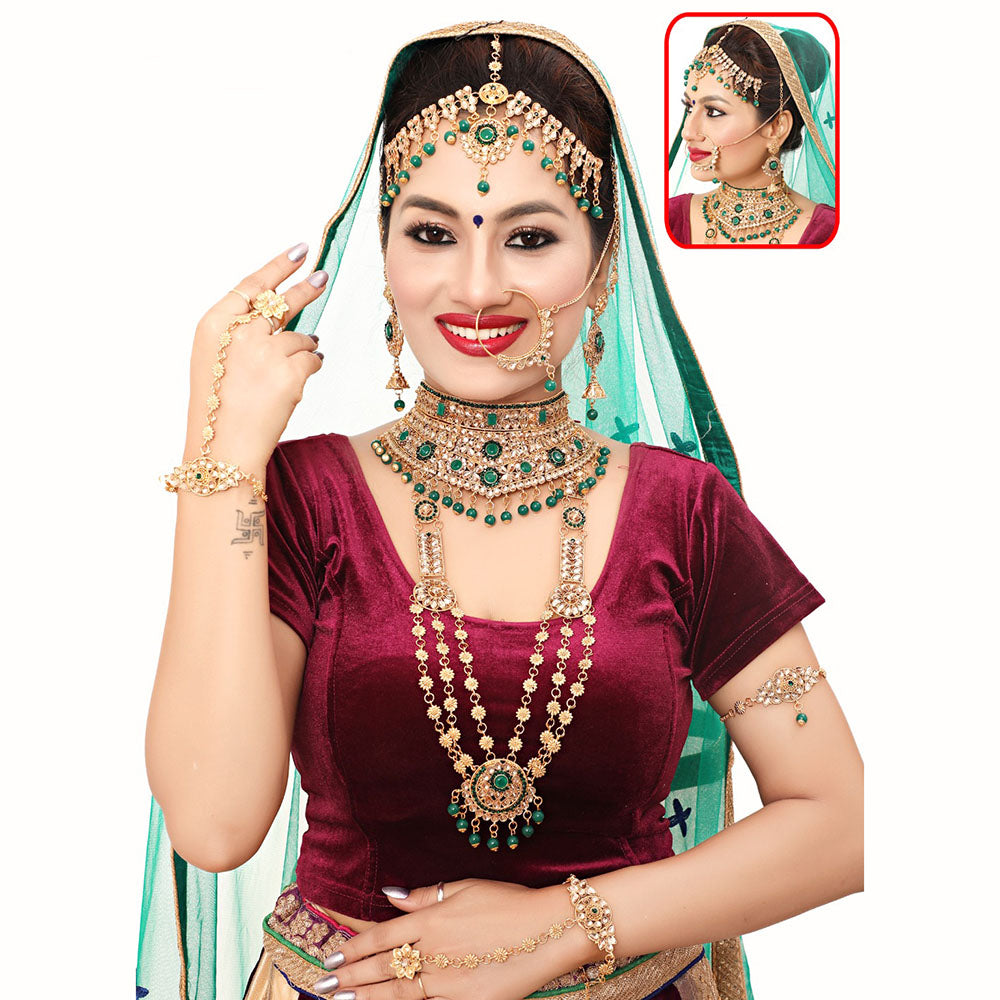 JewelMaze Gold Plated Crystal Stone And Beads Bridal Set