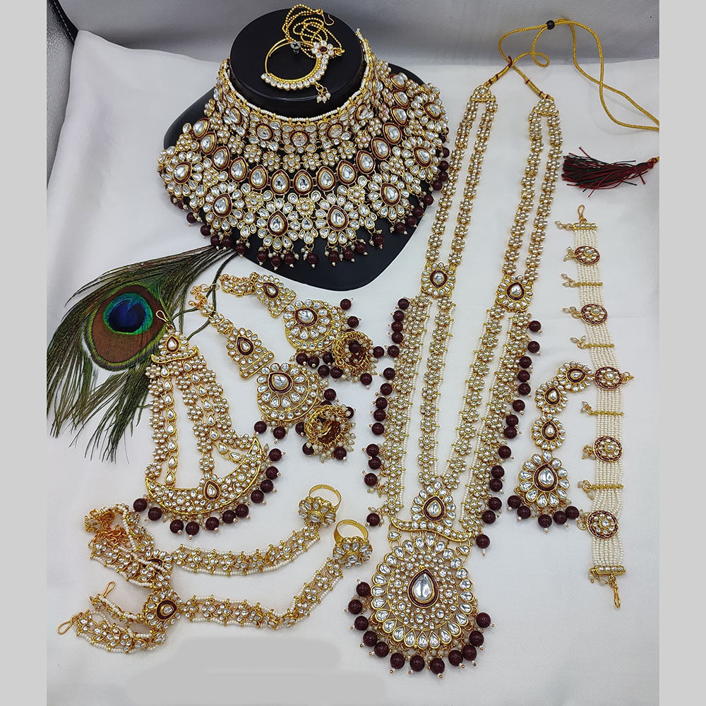 JewelMaze Gold Plated Kundan Stone And Beads Meenakari Bridal Set