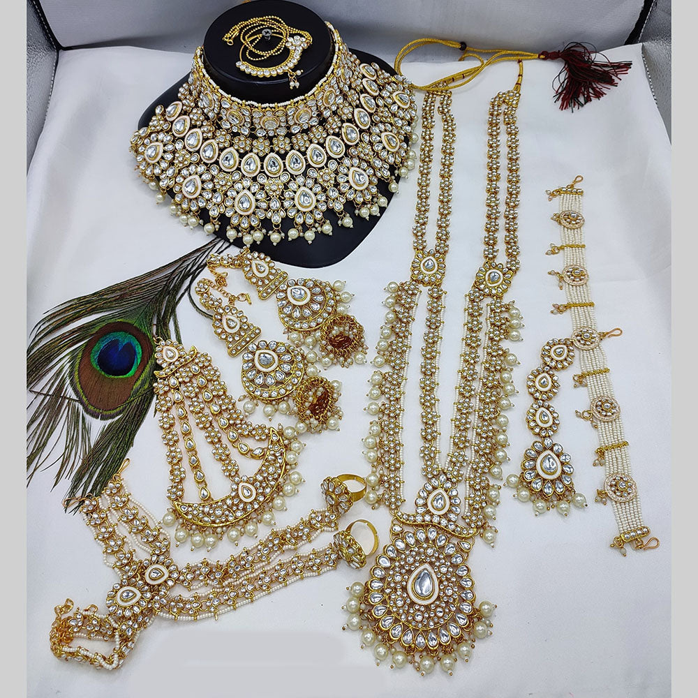 JewelMaze Gold Plated Kundan Stone And Beads Meenakari Bridal Set