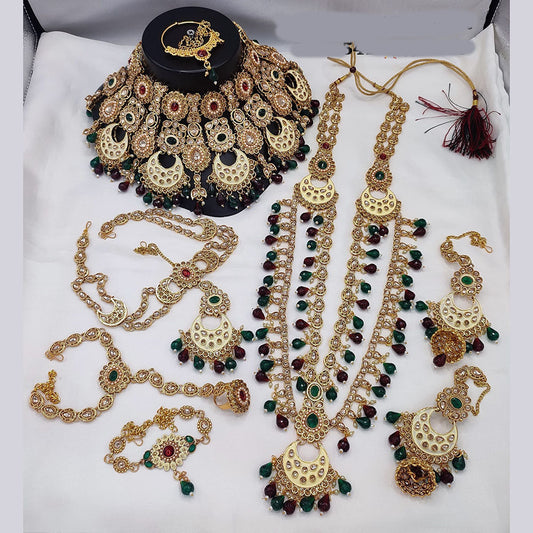 JewelMaze Gold Plated Kundan Stone And Beads Meenakari Bridal Set