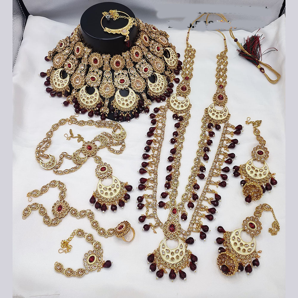 JewelMaze Gold Plated Kundan Stone And Beads Meenakari Bridal Set