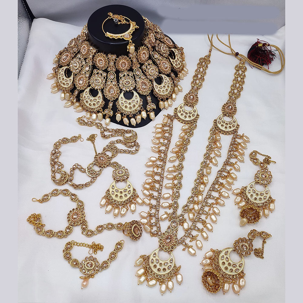 JewelMaze Gold Plated Kundan Stone And Beads Meenakari Bridal Set