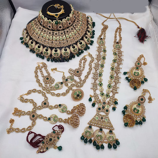 JewelMaze Gold Plated Kundan Stone And Beads Meenakari Bridal Set