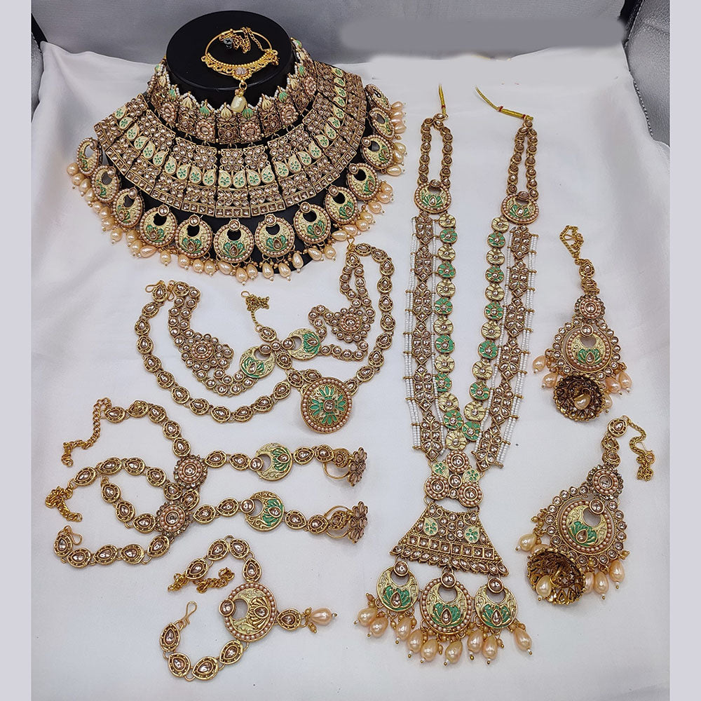 JewelMaze Gold Plated Kundan Stone And Beads Meenakari Bridal Set