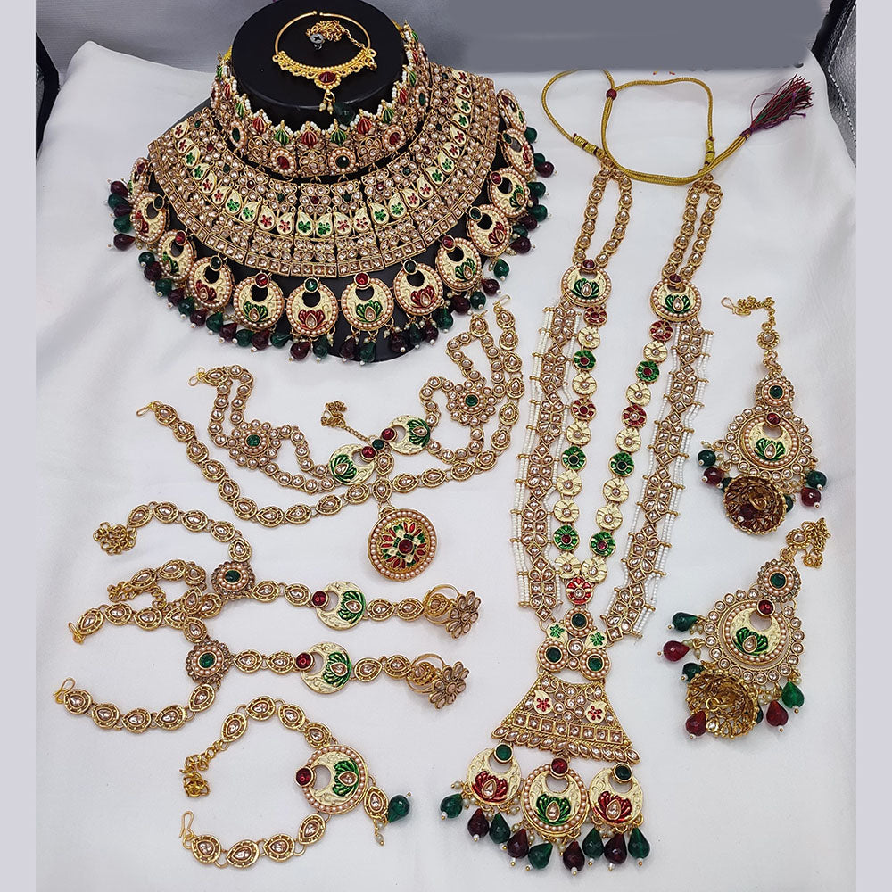 JewelMaze Gold Plated Kundan Stone And Beads Meenakari Bridal Set