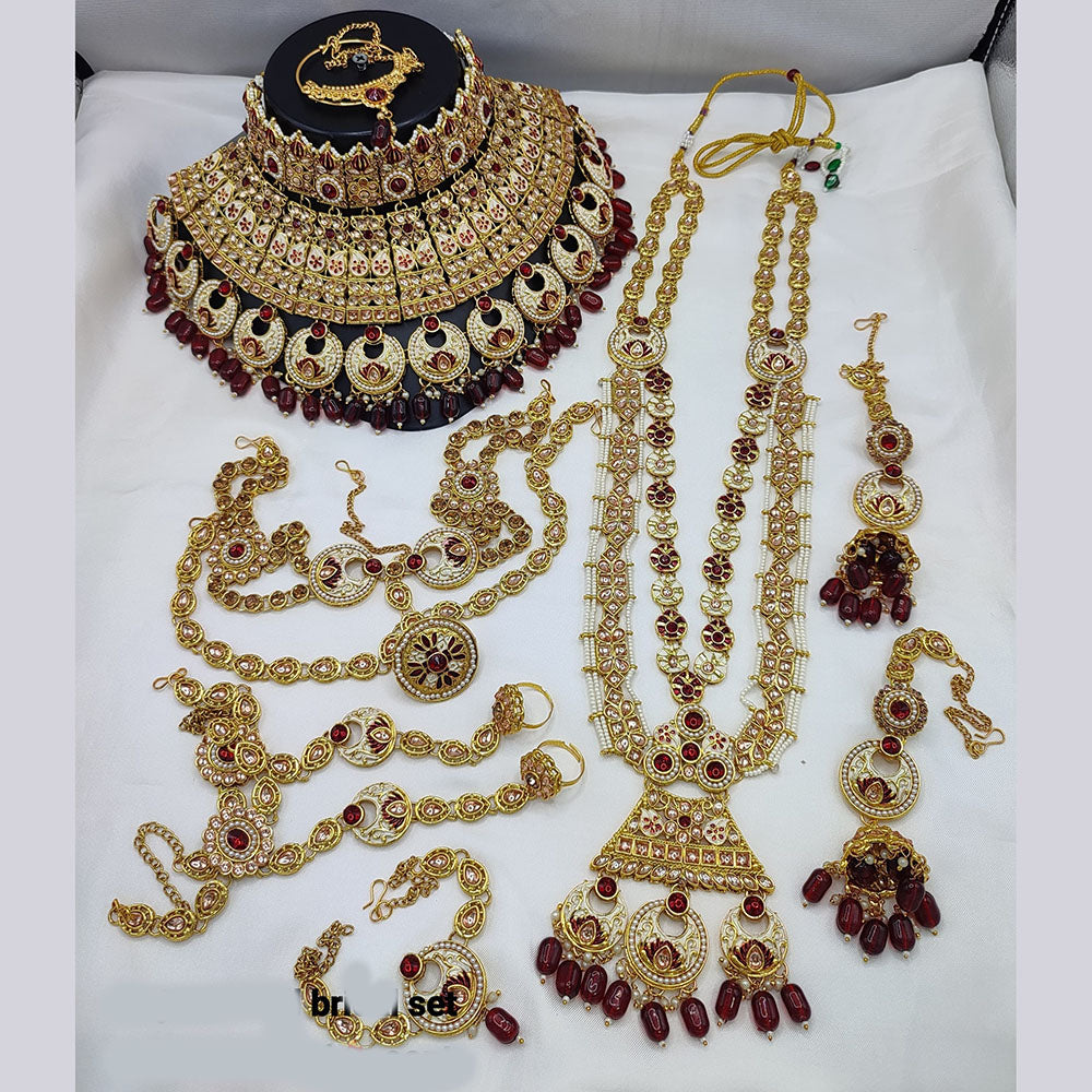 JewelMaze Gold Plated Kundan Stone And Beads Meenakari Bridal Set