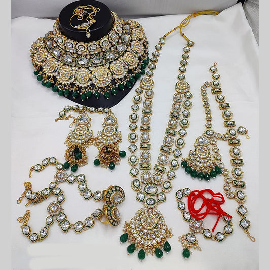 JewelMaze Gold Plated Kundan Stone And Beads Meenakari Bridal Set