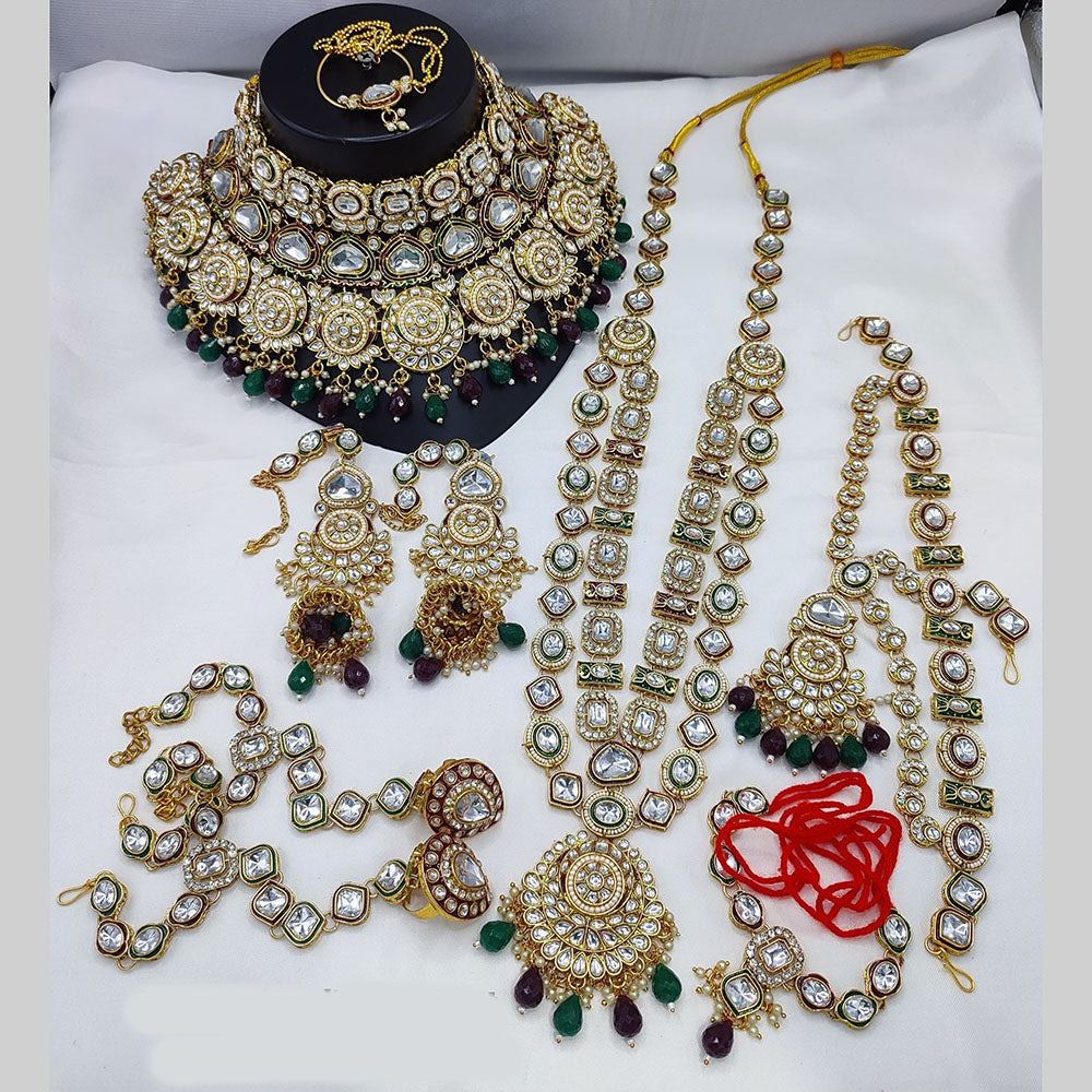 JewelMaze Gold Plated Kundan Stone And Beads Meenakari Bridal Set