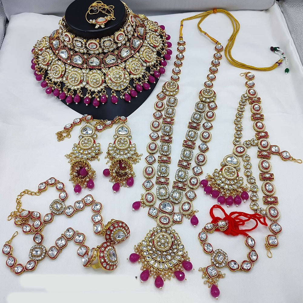 JewelMaze Gold Plated Kundan Stone And Beads Meenakari Bridal Set