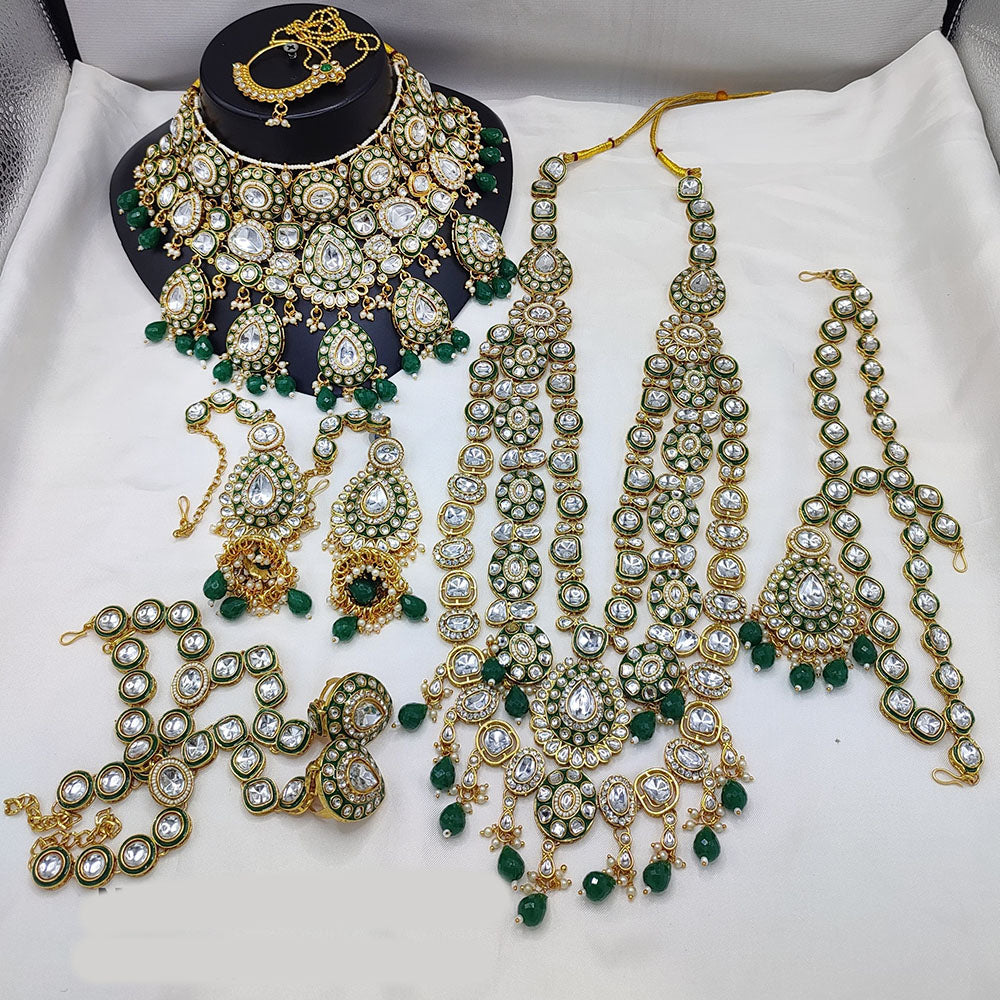 JewelMaze Gold Plated Kundan Stone And Beads Meenakari Bridal Set