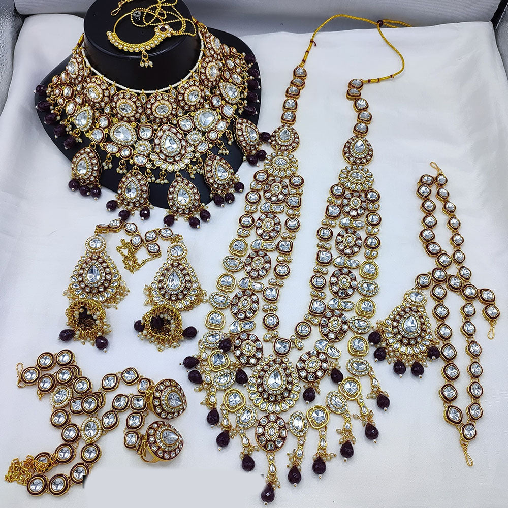 JewelMaze Gold Plated Kundan Stone And Beads Meenakari Bridal Set