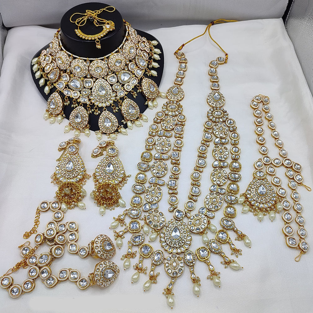 JewelMaze Gold Plated Kundan Stone And Beads Meenakari Bridal Set